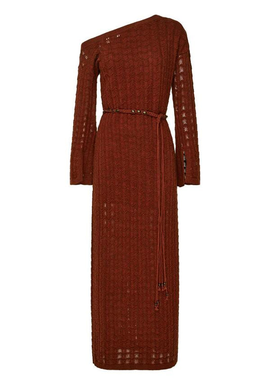 Image of a model wearing Dress. Productname: Selene Knit Dress in Wine colour by brand - MOS The Label