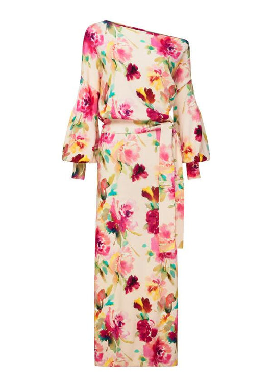 Image of a model wearing Dress. Productname: Stella Knit One Shoulder Dress in Stella Print colour by brand - MOS The Label