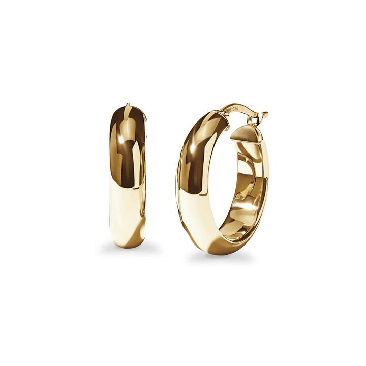 Image of Earrings. Product name - 15mm Thick Half Round Hoop Earrings in 9kt Yellow Gold in colour by brand - Bevilles