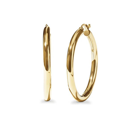 Image of Earrings. Productname: 25mm Round Hoop Earrings in 9kt Yellow Gold in colour by brand - Bevilles