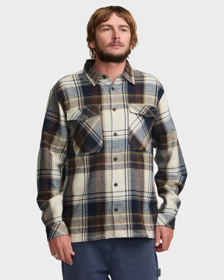 Image of a model wearing Tops. Productname: Billabong - Mens Bad Dog Long Sleeve Shirt - Silver - in Silver colour by brand - Billabong