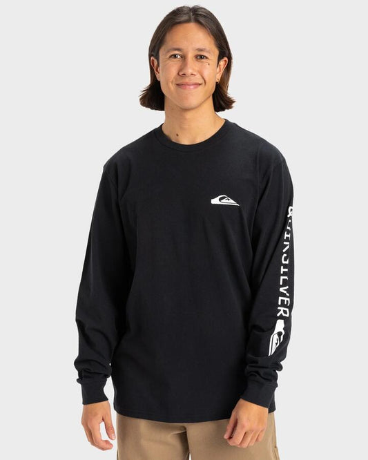 Image of a model wearing Tops. Productname: Quiksilver Mens Big Clicker Long Sleeve T-Shirt Black - in Black colour by brand - Quiksilver