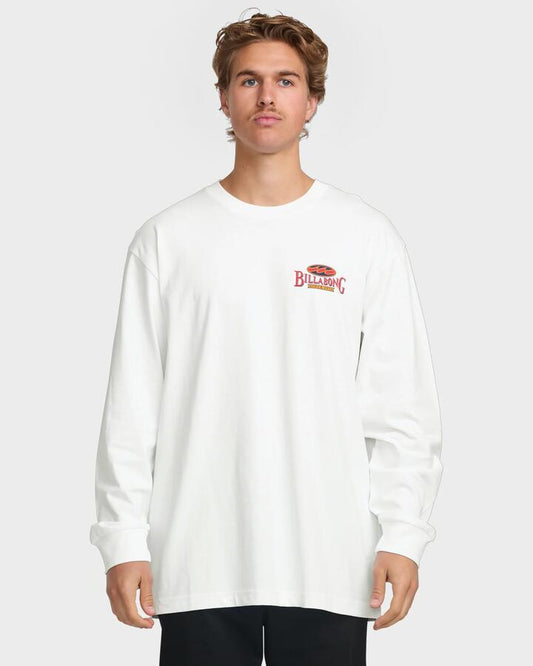 Image of a model wearing Tops. Product name - Billabong Mens Double Spread Og Long Sleeve T-Shirt White in White colour by brand - Billabong