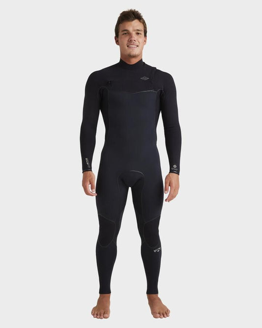 Image of a model wearing Tops. Productname: Billabong - Mens 3/2Mm Revolution Chest Zip Steamer Wetsuit - Black - in Black colour by brand - Billabong