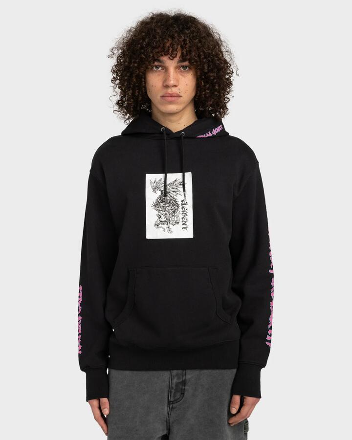 Image of a model wearing Outerwear. Product name - Element Mens Ffnc Dragon Pullover Hoodie Flint Black - in Flint Black colour by brand - Element