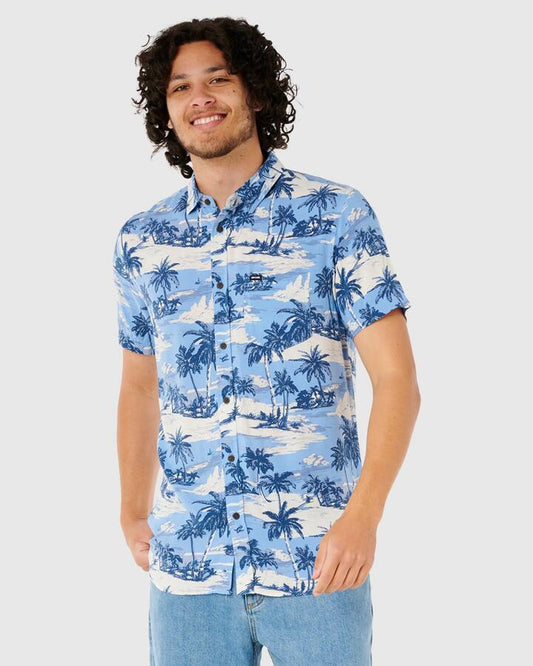 Image of a model wearing Tops. Productname: Rip Curl - Mens Dreamer Barrel Killa Short Sleeve Shirt - Sky Blue - in Sky Blue colour by brand - Rip Curl