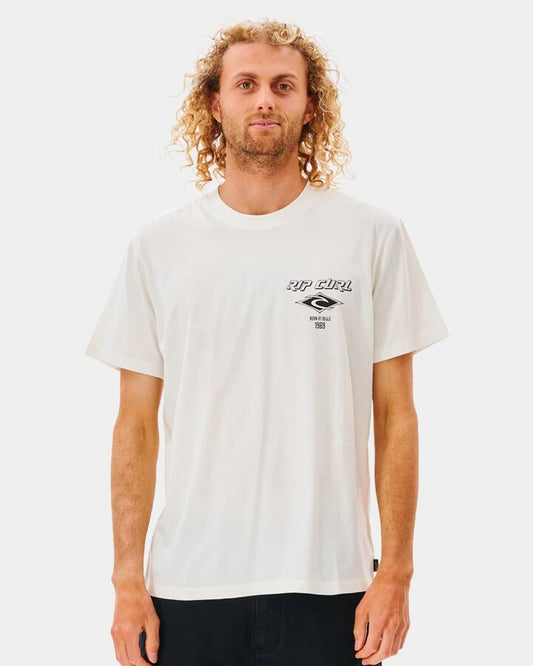 Image of a model wearing Tops. Productname: Rip Curl Mens Fade Icon T-Shirt White - in White colour by brand - Rip Curl