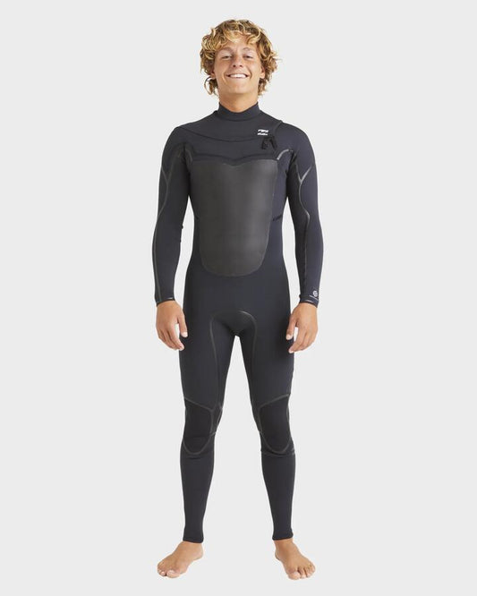 Image of a model wearing Tops. Productname: Billabong Mens 3/2Mm Absolute Natural Chest Zip Steamer Wetsuit Black - in Black colour by brand - Billabong