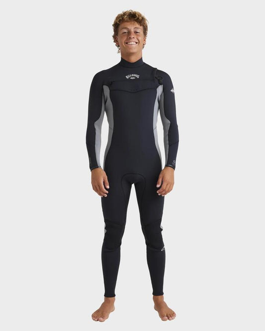 Image of a model wearing Tops. Productname: Billabong Mens 3/2Mm Absolute Natural Chest Zip Steamer Wetsuit Alloy - in Alloy colour by brand - Billabong