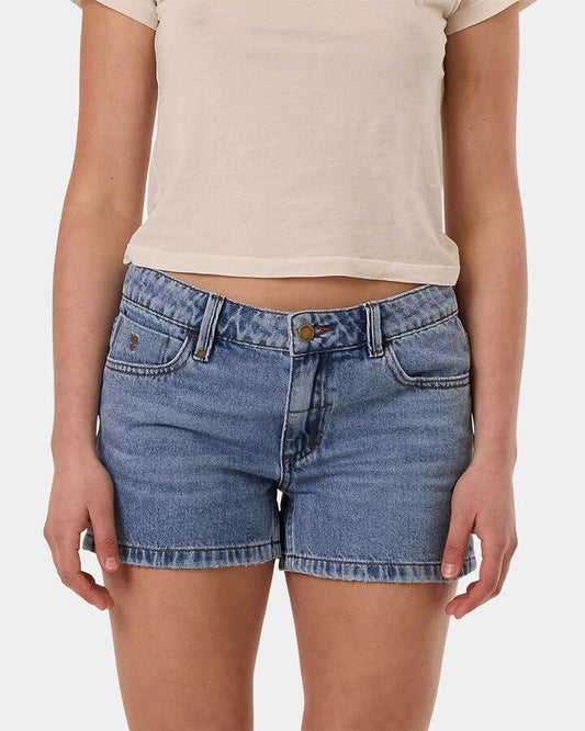 Image of a model wearing Shorts. Productname: Thrills Womens Daria Denim Shorts Vintage Stone Blue - in Vintage Stone Blue colour by brand - Thrills