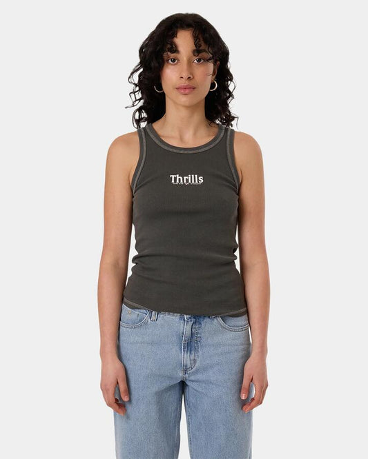 Image of a model wearing Tops. Productname: Thrills Womens Road To Paradise Sloane Tank Top Merch Black - in Merch Black colour by brand - Thrills
