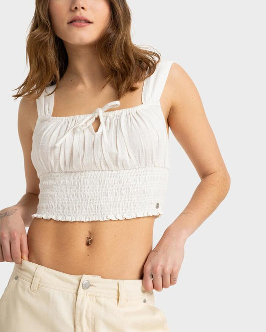 Image of a model wearing Tops. Productname: Roxy Womens Playa Island Top Egret - in Egret colour by brand - Roxy