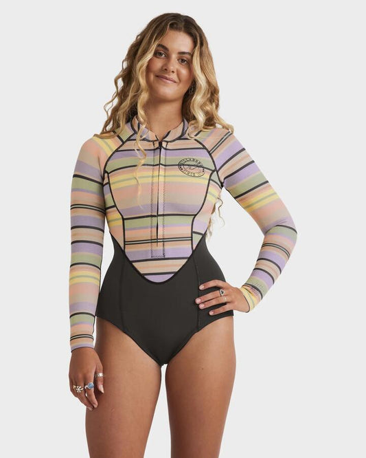 Image of a model wearing Tops. Productname: Billabong Womens Salty Dayz Natural Long Sleeve Springsuit Black Multi - in Black Multi colour by brand - Billabong