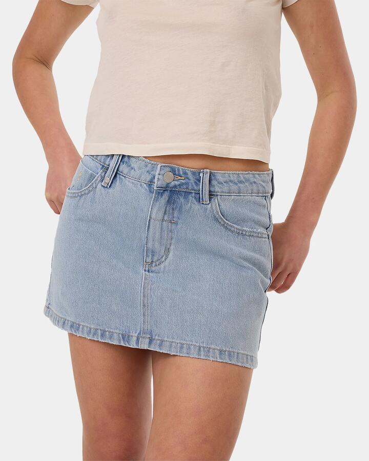 Image of a model wearing Skirts. Productname: Thrills Womens Sophie Denim Skirt Ageless Blue - in Ageless Blue colour by brand - Thrills