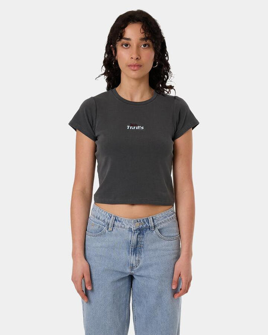 Image of a model wearing Tops. Productname: Thrills Womens Solace Of Nature T-Shirt Deep Char Blue - in Deep Char Blue colour by brand - Thrills