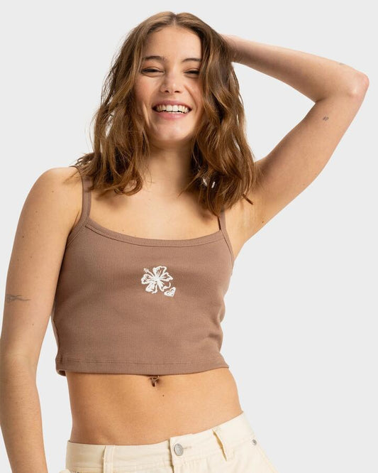 Image of a model wearing Tops. Productname: Roxy Womens Summer Soul Cami Tank Top Portabella - in Portabella colour by brand - Roxy