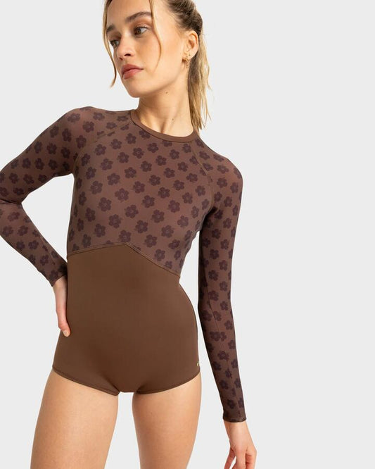 Image of Swimwear. Productname: Roxy Womens Roxy Pro Wave One Piece Swimsuit Chocolate Plum Polkabiscus - in Chocolate Plum Polkabiscus colour by brand - Roxy