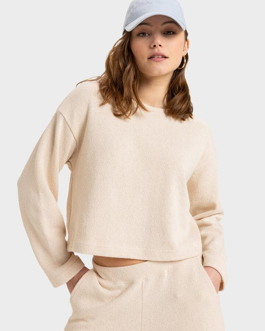 Image of a model wearing Tops. Productname: Roxy Womens Stay Top Crew Neck Parchment - in Parchment colour by brand - Roxy