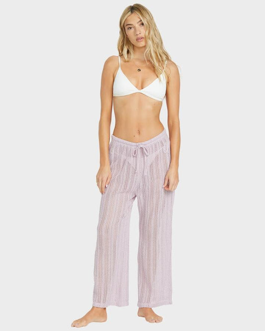 Image of a model wearing Pants. Productname: Billabong Womens Tropic Beach Pants Amethyst Smoke - in Amethyst Smoke colour by brand - Billabong