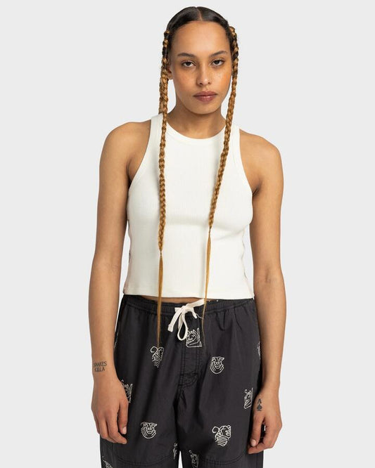 Image of a model wearing Tops. Productname: Element Womens Vmxe Tank Top Lily White - in Lily White colour by brand - Element