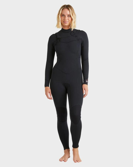 Image of a model wearing Tops. Productname: Billabong Womens 4/3Mm Salty Dayz Natural Chest Zip Steamer Wetsuit Black - in Black colour by brand - Billabong