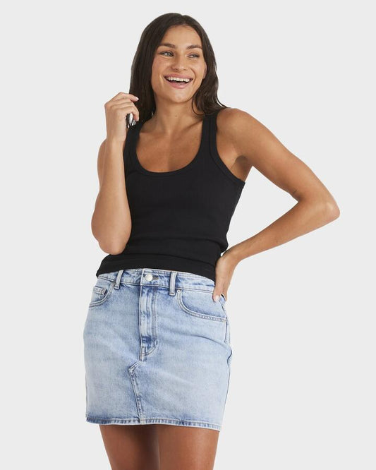 Image of a model wearing Tops. Product name - Roxy Womens Base Rib Tank Top Anthracite in Anthracite colour by brand - Roxy