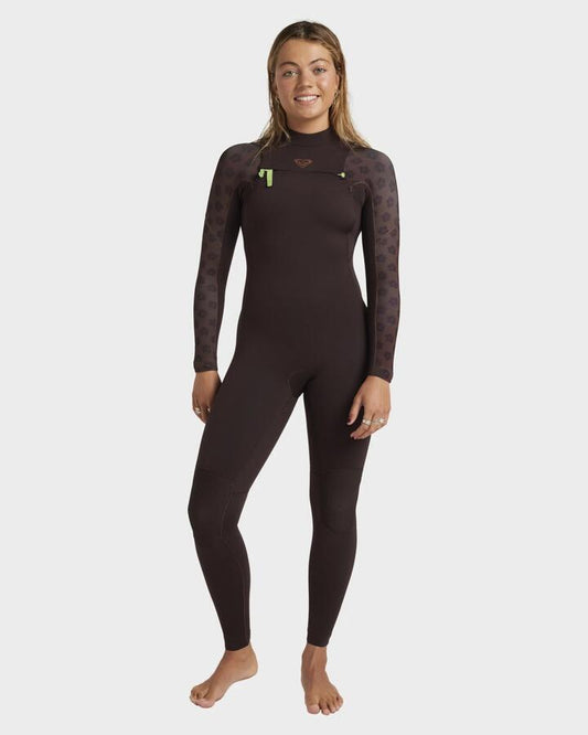 Image of a model wearing Tops. Productname: Roxy Womens 4/3 Elite Xt Stretch Chestzip Wetsuit Coconut Shell - in Coconut Shell colour by brand - Roxy