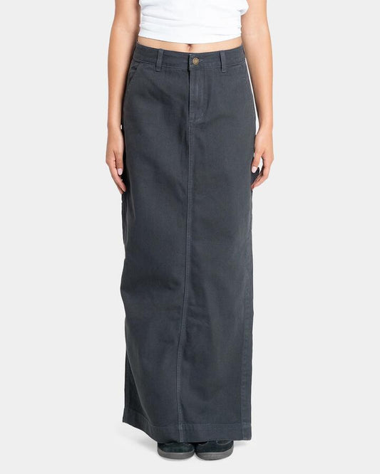 Image of a model wearing Skirts. Productname: Thrills Womens Carpenter Maxi Skirt Dark Charcoal - in Dark Charcoal colour by brand - Thrills