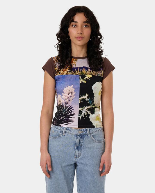 Image of a model wearing Tops. Productname: Thrills Womens Dalia Club T-Shirt Coffee - in Coffee colour by brand - Thrills