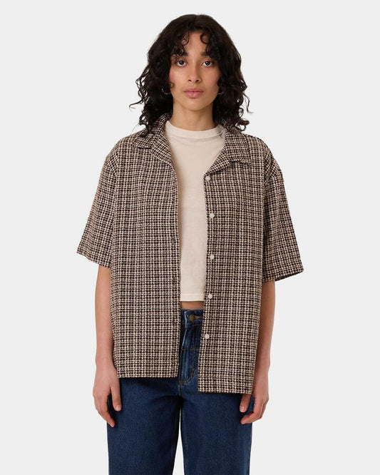 Image of a model wearing Tops. Productname: Thrills Womens Hazed Adianna Short Sleeve Shirt Coffee - in Coffee colour by brand - Thrills