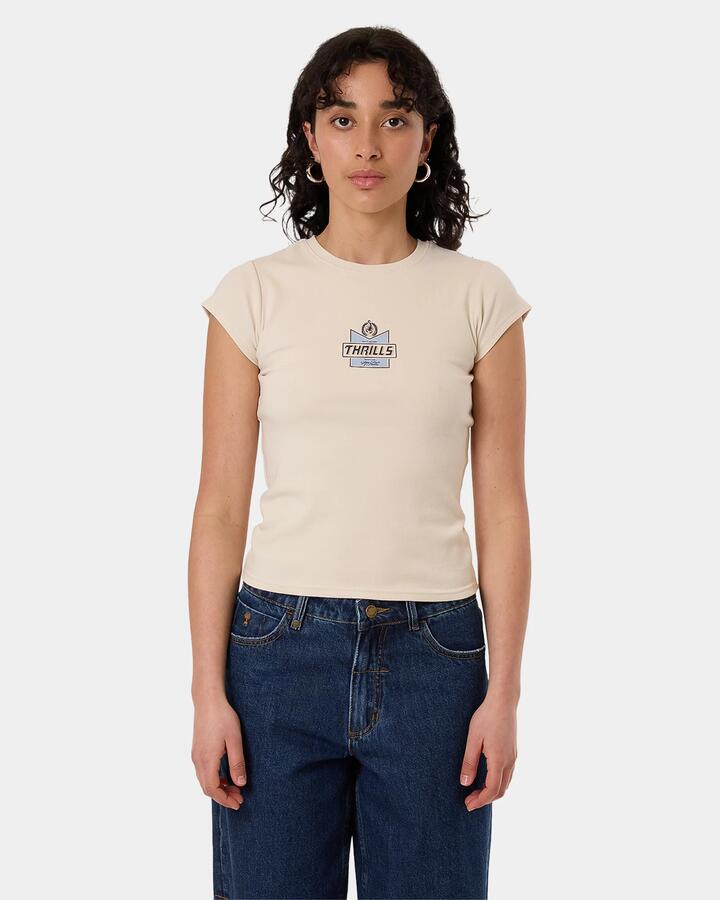 Image of a model wearing Tops. Productname: Thrills Womens Especially For You Club T-Shirt Heritage White - in Heritage White colour by brand - Thrills