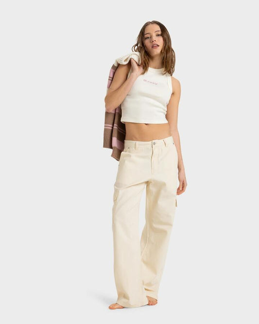 Image of a model wearing Tops. Productname: Roxy Womens Iconic Days Tank Top Egret - in Egret colour by brand - Roxy