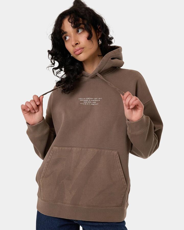 Image of a model wearing Outerwear. Product name - Thrills Womens New Issue Cocoon Pullover Hoodie Fungi in Fungi colour by brand - Thrills