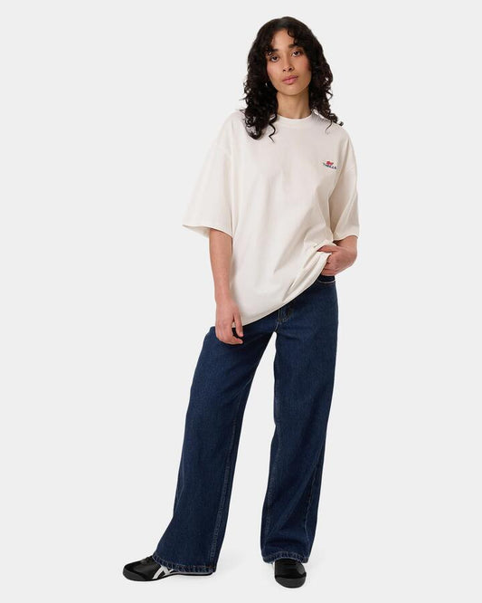 Image of a model wearing Tops. Productname: Thrills Womens Navigate T-Shirt Chalk - in Chalk colour by brand - Thrills