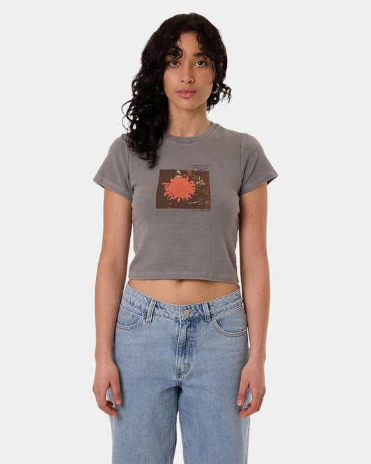 Image of a model wearing Tops. Productname: Thrills Womens Natures Library T-Shirt Washed Grey - in Washed Grey colour by brand - Thrills
