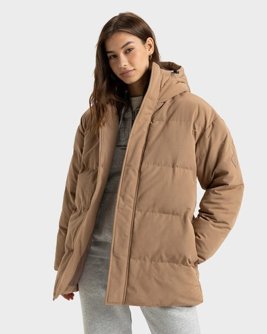 Image of a model wearing Outerwear. Productname: Roxy Womens Ocean Ways Puffer Jacket Portabella - in Portabella colour by brand - Roxy