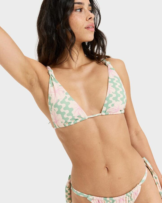 Image of Swimwear. Productname: Roxy Womens Hibiscus Daze Elongated Tri Bikini Top Basil Party Waves Yw - in Basil Party Waves Yw colour by brand - Roxy