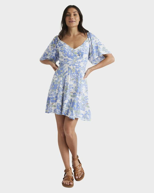 Image of Dresses. Productname: Roxy Womens Mercado Mini Crepe Mini Dress Egret Artsy Floral - in Egret Artsy Floral colour by brand - Roxy