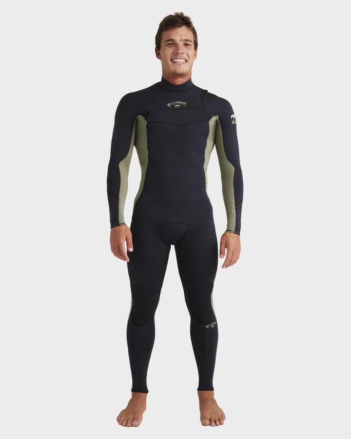 Image of a model wearing Tops. Productname: Billabong - Mens 3/2Mm Absolute Natural Chest Zip Steamer Wetsuit - Military - in Military colour by brand - Billabong