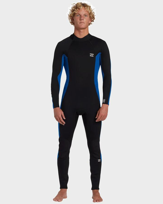 Image of a model wearing Tops. Productname: Billabong - Mens 3/2Mm Foil Back Zip Gbs Steamer Wetsuit - Mid Blue - in Mid Blue colour by brand - Billabong