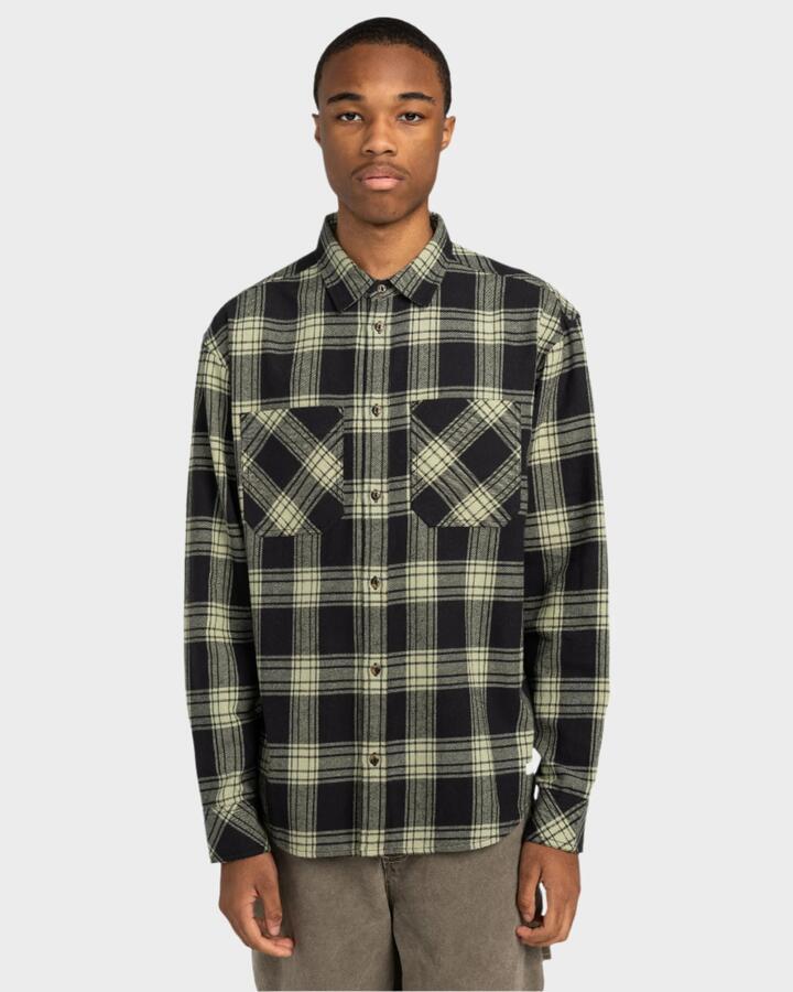 Image of a model wearing Tops. Productname: Element - Mens Compass Long Sleeve Shirt - Tea/Offblack - in Tea/Offblack colour by brand - Element