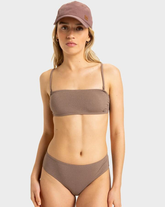 Image of a model wearing Tops. Productname: Roxy - Womens Lasca Bandeau Bikini Top - Deep Taupe - in Deep Taupe colour by brand - Roxy