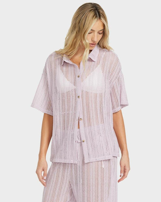 Image of a model wearing Tops. Productname: Billabong - Womens Largo Short Sleeve Shirt - Amethyst Smoke - in Amethyst Smoke colour by brand - Billabong