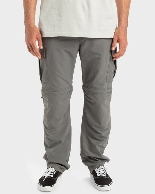 Image of a model wearing Pants. Product name - Quiksilver Mens Low Tide Cargo Pant Dark Grey in Dark Grey colour by brand - Quiksilver