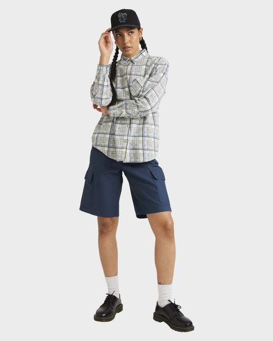 Image of a model wearing Outerwear. Productname: RVCA - Womens Treets Flannel Jacket - Monument - in Monument colour by brand - RVCA