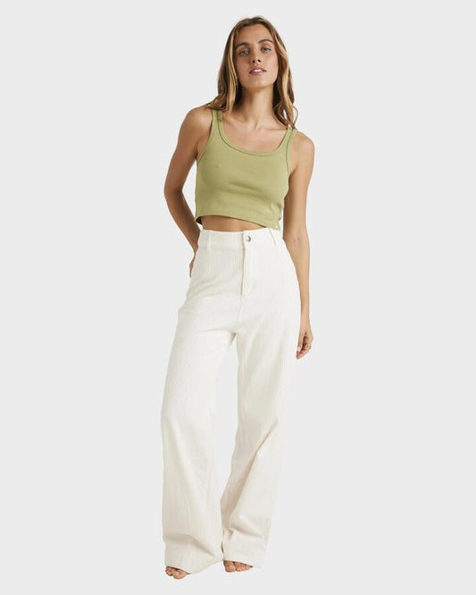 Image of a model wearing Pants. Productname: Billabong - Womens Palmy Cord Pants - Salt Crystal - in Salt Crystal colour by brand - Billabong
