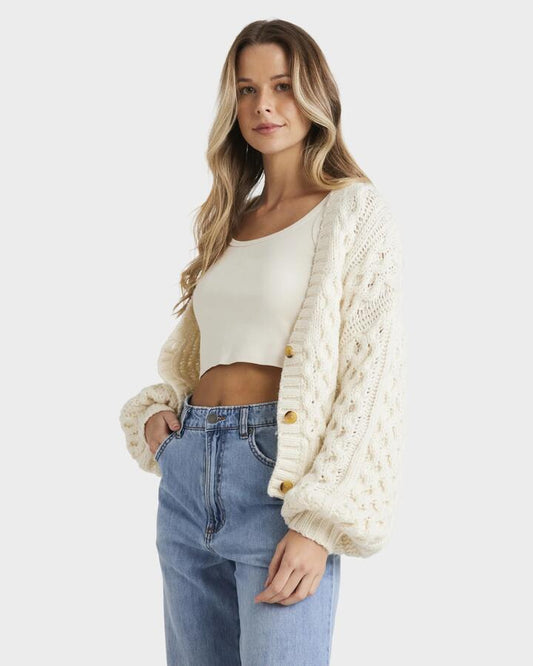 Image of a model wearing Outerwear. Productname: Billabong Womens Montana Cardigan Salt Crystal - in Salt Crystal colour by brand - Billabong