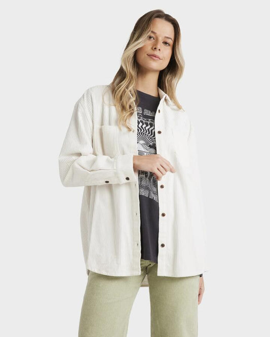 Image of a model wearing Tops. Productname: Billabong - Womens So Stoked Long Sleeve Shirt - Salt Crystal - in Salt Crystal colour by brand - Billabong