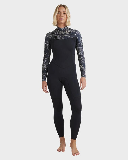 Image of a model wearing Tops. Productname: Billabong - Womens 4/3Mm Salty Dayz Natural Chest Zip Steamer Wetsuit - Black Pebble - in Black Pebble colour by brand - Billabong