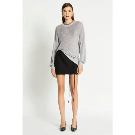 Image of a model wearing Outerwear. Productname: Giselle Metallic Knit Jumper in Silver colour by brand - sass and bide